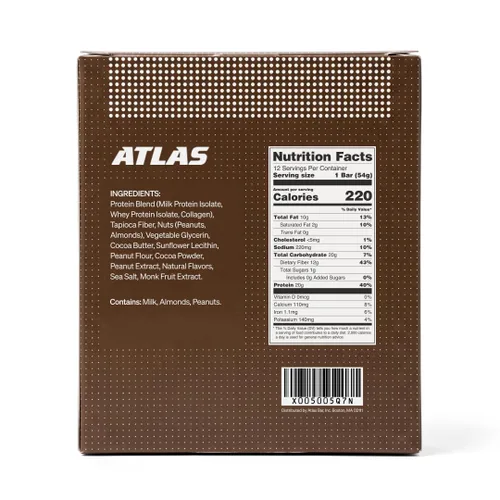 Vista 2 de Atlas Real Food - Barras altas en proteínas, 0.71 onzas de proteína, 0.47 onzas de fibra, 0.44 onzas de azúcar, ingredientes limpios, sin azúcar