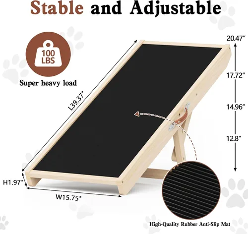 Vista 2 de Rampa para perros para sofá, rampas de madera para mascotas de 39.37" de largo ajustable de 11" a 20.47", rampas plegables para cachorros