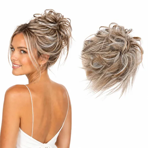 Vista 28 de CAISHA Prettyshop - Banda elástica XXL tipo postizo de cabello voluminoso ondulado, ideal para peinados recogidos de novias o rodetes desaliñados