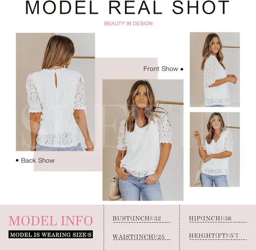 Vista 6 de SHEWIN Blusas estilo bohemio con encaje y cuello en V para mujer
