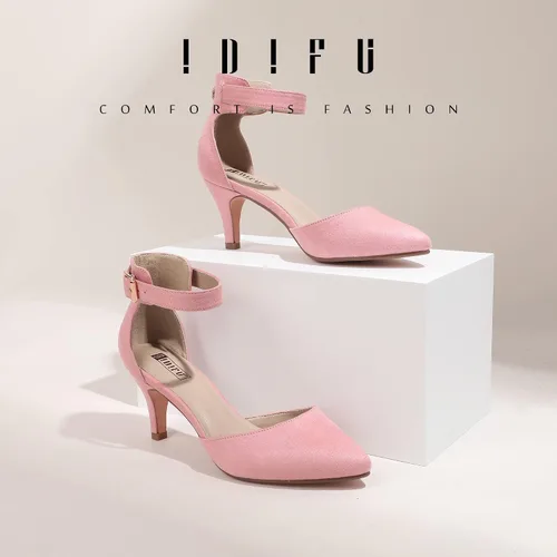 Vista 2 de IDIFU IN3 D'Orsay Zapatos de tacón bajo para mujer, zapatos de vestir puntiagudos con puntera cerrada, correa de tobillo para novia, elegante
