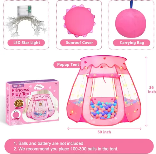Vista 3 de TooyBing Tienda de campaña desplegable de princesa con luz de estrella, juguetes para niñas de 1, 2, 3 años, regalo de cumpleaños, pozo de pelotas