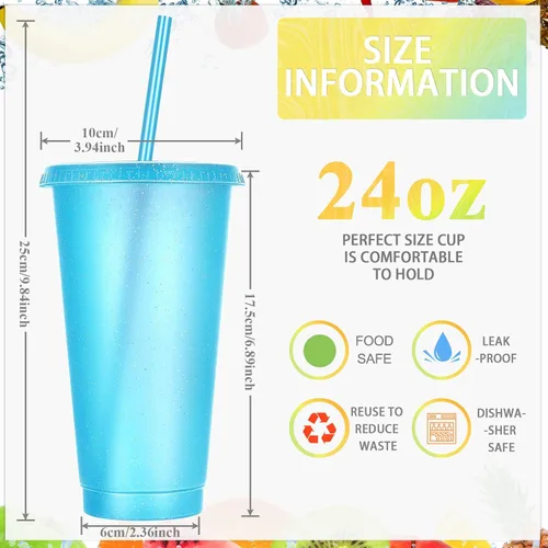 Vista 4 de Honeydak Paquete de 60 vasos con popote y tapa, vasos a granel para regalos, tazas de café de plástico con purpurina de 24 a 27 onzas, botella