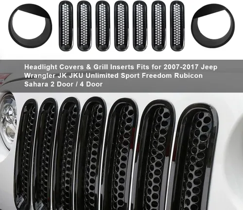 Vista 7 de Cubierta de rejilla frontal de malla con clip y cubierta para faros delanteros 2007-2017 para Jeep Wrangler JK JKU – Biseles de faros delanteros