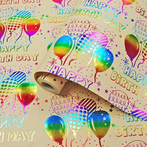 Vista 11 de Rollo de papel de regalo de cumpleaños, papel de regalo negro mate y dorado para mujeres, hombres, niños y niñas, diseño de globo de lámina dorada