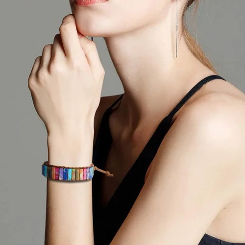 Vista 2 de sedmart - Pulseras de los 7 chakras para mujeres con piedras reales y correa de cuero, cuentas curativas para hombres y mujeres, joyería bohemia