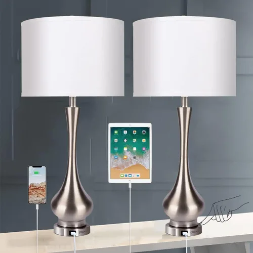 Vista 10 de Lámpara táctil para dormitorios juego de 2, juegos de lámparas de mesa de noche regulables de 3 vías con pantalla de tela de lino, lámpara