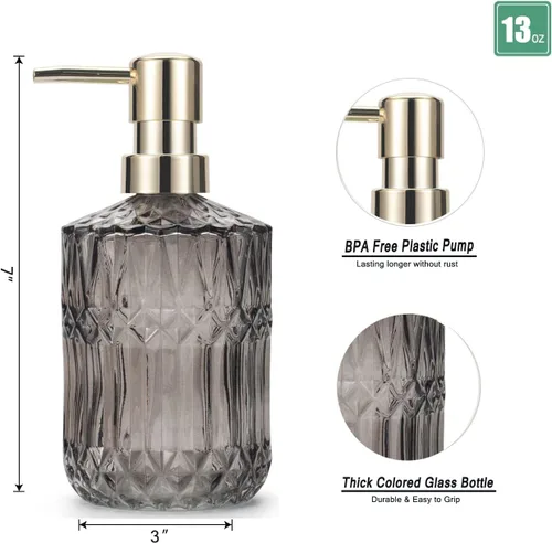 Vista 2 de IVAILEX Dispensador de jabón de vidrio de 12 oz/13.2 fl oz para baño y cocina, dispensador de jabón de manos/loción con bomba de plástico ABS, gris