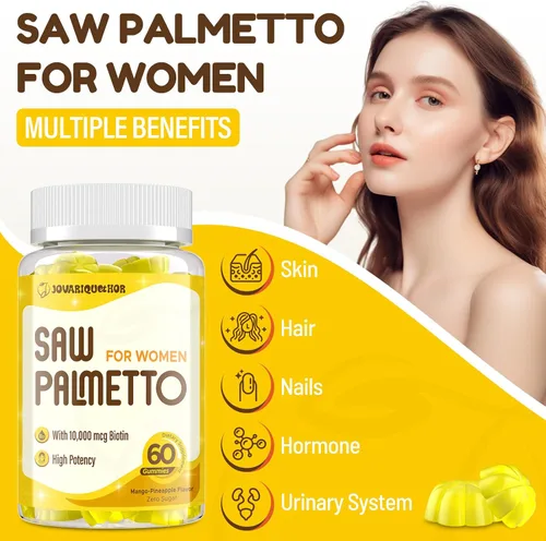 Vista 4 de Jovariquethor Saw Palmetto para Mujeres - Bloqueador de DHT, suplemento para el crecimiento del cabello - Gomitas potentes de 500mg de saw palmetto