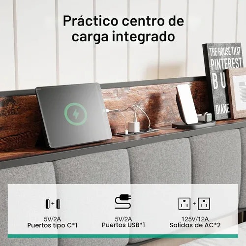 Vista 3 de Novilla Base de cama Queen con estación de carga USB/tipo C y cabecera de almacenamiento, marco de cama de plataforma de metal moderno, fácil