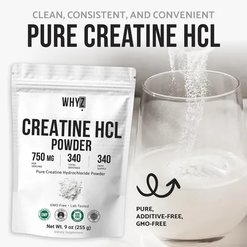 Vista 5 de Suplemento de creatina pura HCL en polvo sin sabor HCL creatina para hombres y mujeres, apoya la fuerza muscular, resistencia, energía, apoyo