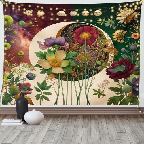 Vista 162 de Ambesonne Tapiz verde, fases lunares alrededor de un árbol de la vida, impresión de diseño bohemio de astrología nocturna, decoración de tela