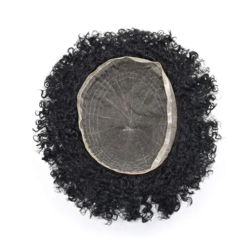Vista 6 de Peluca de encaje suizo rizado afro para hombre, sistema de repuesto de peluca de encaje completo, extensiones duraderas de cabello humano #1 Negro