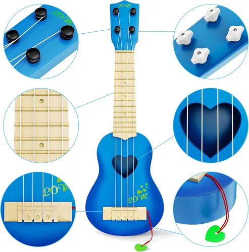 Vista 3 de YEZI - Ukelele clásico de juguete para niños, tipo guitarra, instrumento musical, azul
