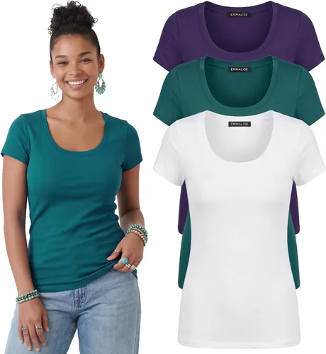Vista 40 de Emmalise - Camiseta de manga corta para mujer, cuello redondo, estilo básico, pack de valor, tallas junior y grandes