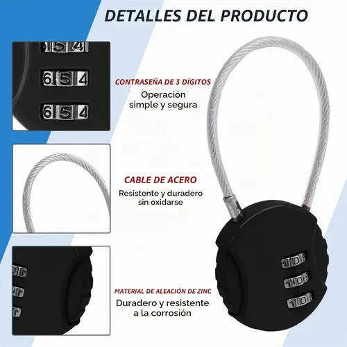 Vista 5 de Litoexpe Cerradura de combinación de 4 unidades, 3 dígitos para exteriores, impermeable, con código, candado, candado, cable de bloqueo para Negro