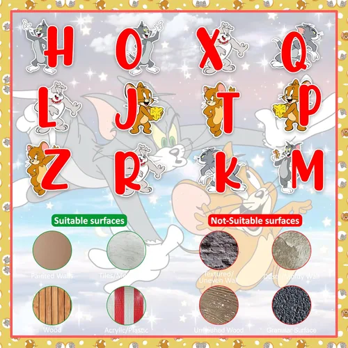 Vista 6 de Tom & Jery - Adhesivo decorativo para pared del alfabeto (A–Z), divertido alfabeto de dibujos animados para espacios de aprendizaje, calcomanías