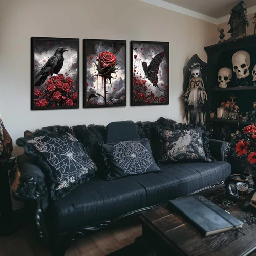 Vista 7 de Lienzo de pared de Halloween con marco de madera gótica para sala de estar, juego de 3 impresiones románticas de cuervo y mariposa, decoración