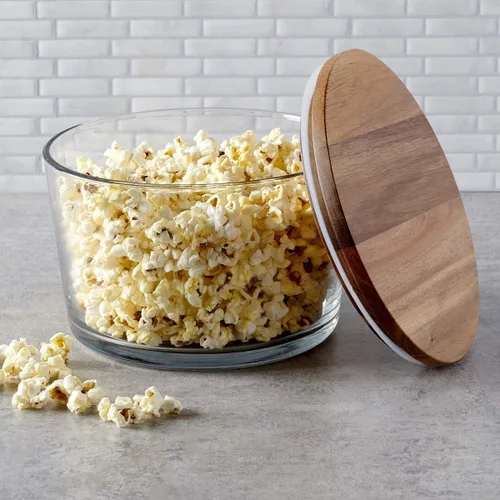 Vista 2 de Anchor Hocking Cuenco de vidrio con tapa, ensaladera de vidrio de 104 onzas con tapa de madera de acacia