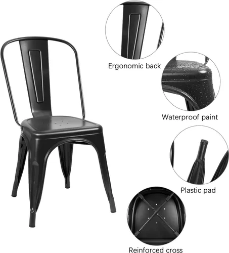 Vista 7 de Flamaker Sillas de comedor de metal para uso en interiores y exteriores, sillas laterales apilables con respaldo para cocina industrial, sillas Negro