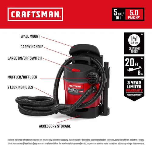 Vista 2 de CRAFTSMAN CMXEVBE17925 Aspiradora húmeda/seca de 5 galones, 5.0 HP máximo, aspirador portátil y de montaje en pared con filtro, 2 mangueras