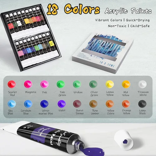 Vista 4 de Juego de Pintura Whalsure, Juego de Pintura Acrílica para Niños y Adultos - Suministros de Pintura con 18 Pinturas Acrílicas, 8 Pinceles de Pintura