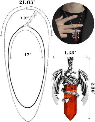 Vista 4 de Collar de dragón – Colgante hexagonal de plata envuelto en cristal con cristal natural – Joyería genial para hombres y mujeres