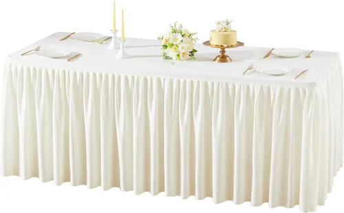 Vista 47 de Manteles de poliéster negro para mesas rectangulares de 4 pies, cubierta de mesa ajustada sin arrugas con falda de mesa plisada con volantes