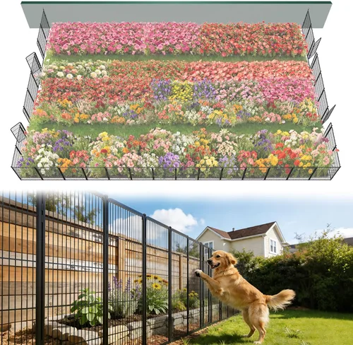 Vista 10 de FXW Valla de jardín al aire libre para el patio, 17 pulgadas de alto x 29.3 pies de largo, barrera de metal resistente para animales, para perros