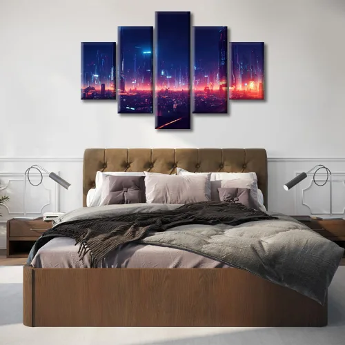 Vista 199 de Cuadros de 5 paneles de Cyberpunk City, arte de pared, representación de vallas publicitarias, edificios modernos en la capital con obras de arte