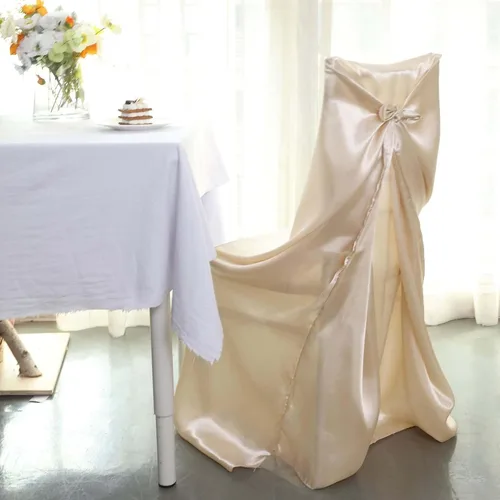Vista 8 de Efavormart.com - Fundas para sillas beige de 1 pieza, satinadas, con lazo, universales, para banquetes, bodas, plegables, para sillas de comedor