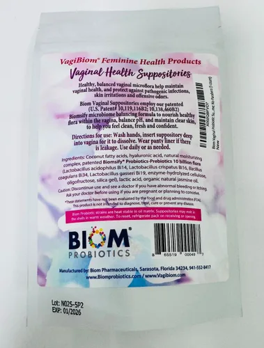 Vista 2 de Supositorio probiótico vaginal Biom: pH vaginal natural y régimen de control de olores; equilibra y nutre el microbioma vaginal; sin parabenos
