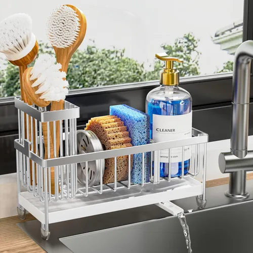 Vista 23 de Cisily Soporte de esponja negro extra grande para fregadero de cocina, organizador de fregadero con soporte alto para cepillos, organizadores