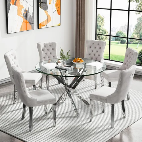 Vista 32 de HomVent Juego de mesa de comedor redonda de vidrio para 2, moderno juego de mesa y sillas de cocina de vidrio templado, juego de mesa de comedor