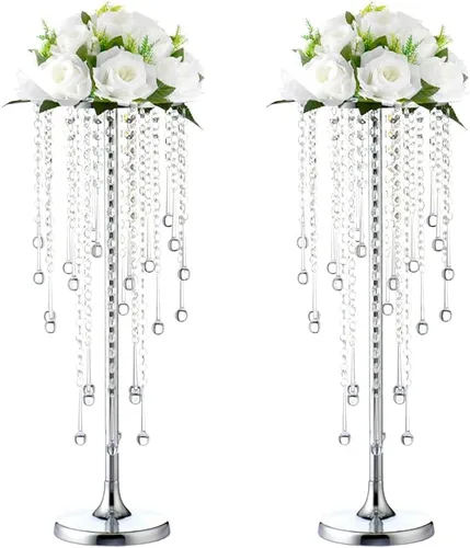 Vista 11 de Centros de mesa de boda dorados de 29.5 pulgadas para mesa, 2 jarrones altos, centros de mesa de boda con cuentas de cristal brillantes, soporte