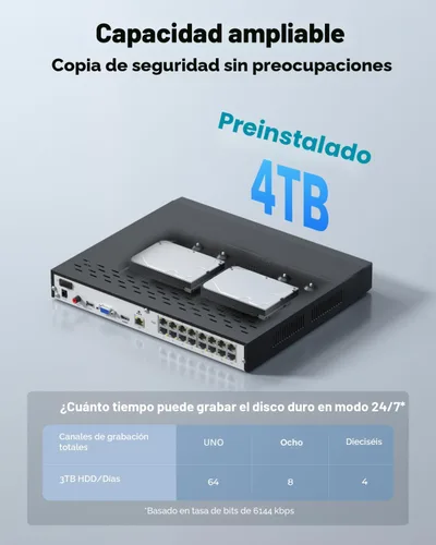Vista 3 de Reolink - Grabadora de video en red PoE. Solo funciona con la cámara IP PoE REOLINK de 16MP/12MP/8MP/5MP/4MP, grabación 24/7 en disco duro de 4 TB