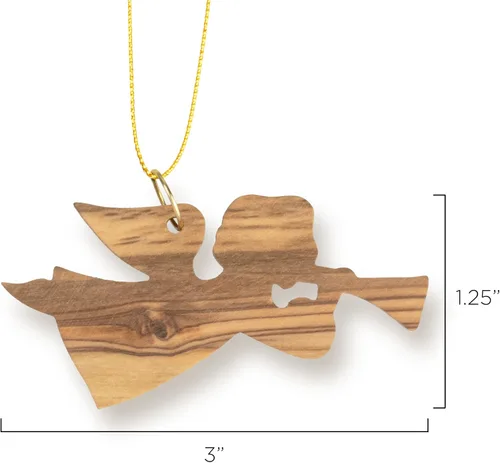 Vista 2 de Adorno de Navidad de ángel con trompeta (horizontal), madera de olivo, decoraciones de temporada para árbol de Navidad, pequeños adornos navideños