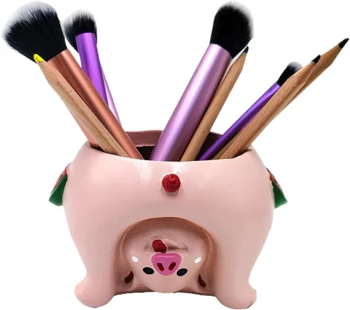 Vista 4 de Adorable Maceta para Suculentas en Forma de Cerdo con Orificio de Drenaje - Soporte para Lápices y Pinceles - Linda Maceta Decorativa de Resina