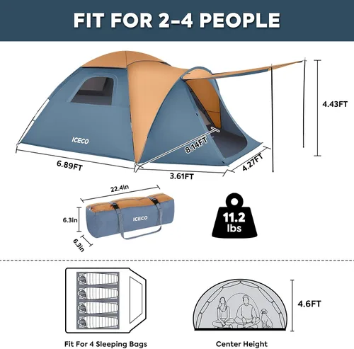 Vista 5 de ICECO Tiendas de campaña para habitación oscura para 4 personas, tiendas de campaña para acampar 3/4 personas, impermeable, resistente al viento