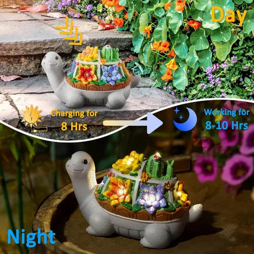 Vista 2 de LESES Decoración de jardín de tortuga para exteriores, estatua solar al aire libre, bonitas estatuas solares de tortuga con luces LED, adornos