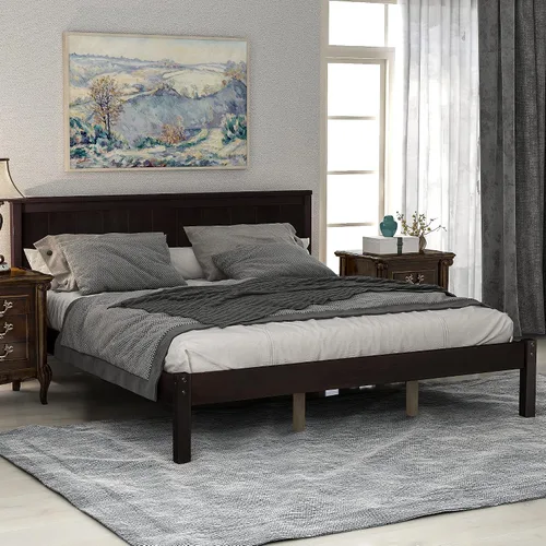 Vista 9 de P PURLOVE Marco de cama individual, cama de plataforma de madera maciza con cabecero, no necesita somier, espresso