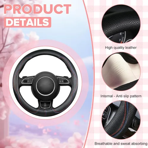 Vista 2 de Funda negra para volante de automóvil, antideslizante, transpirable, cómoda, de cuero PU, lindo protector universal, accesorios interiores