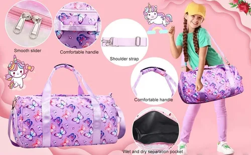 Vista 7 de Bolsa de viaje para gimnasio para niñas, bolsa de gimnasia deportiva con compartimento para zapatos y bolsillo húmedo, bolsa de viaje para niños
