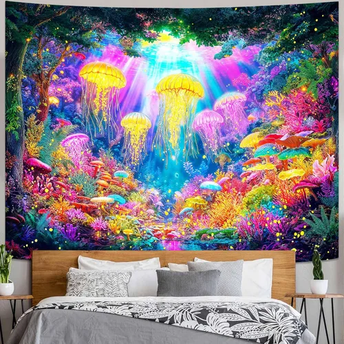 Vista 20 de Kanuyee Tapiz de luz negra de neón para colgar en la pared, bosque encantado, cascada, tapices para dormitorio, tapices UV, para colgar en la pared