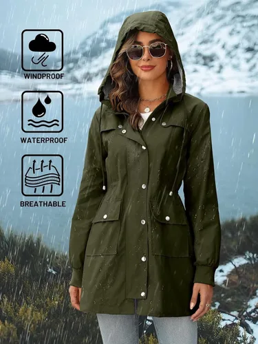 Vista 3 de PITINAN Chubasqueros para mujer, impermeables, con capucha, ligeros, cortavientos, gabardina para exteriores