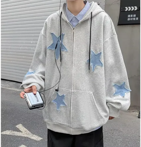 Vista 5 de Y2K Sudadera con capucha para mujer, diseño de estrellas grunge, con cremallera, Acubi Emo de gran tamaño, chaqueta con capucha Harajuku, ropa Alt