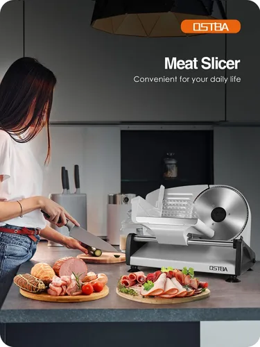 Vista 6 de Cortador de carne eléctrico de delicatessen Ostba, rebanador de alimentos de 200W con grosor ajustable de 0-15mm, hoja extraíble de acero inoxidable
