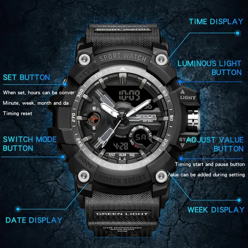 Vista 6 de Relojes militares para hombre, digital, 164.0 ft, resistente al agua, reloj deportivo de cara grande, táctico, luz de fondo, alarma, cronómetro