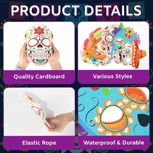 Vista 3 de Dia De Los Muertos Crafts Paper Day of the Dead Masks, 6 PCS