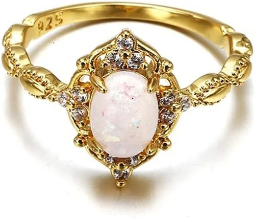 Vista 5 de Anillo de ópalo de forma ovalada chapado en oro amarillo de 18 quilates, anillo de boda de compromiso de eternidad para mujer, ST.238